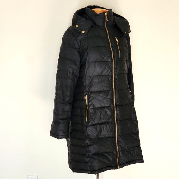 Michael Kors Long Black Winter Coat Large Hooded - Picture 3 of 16
